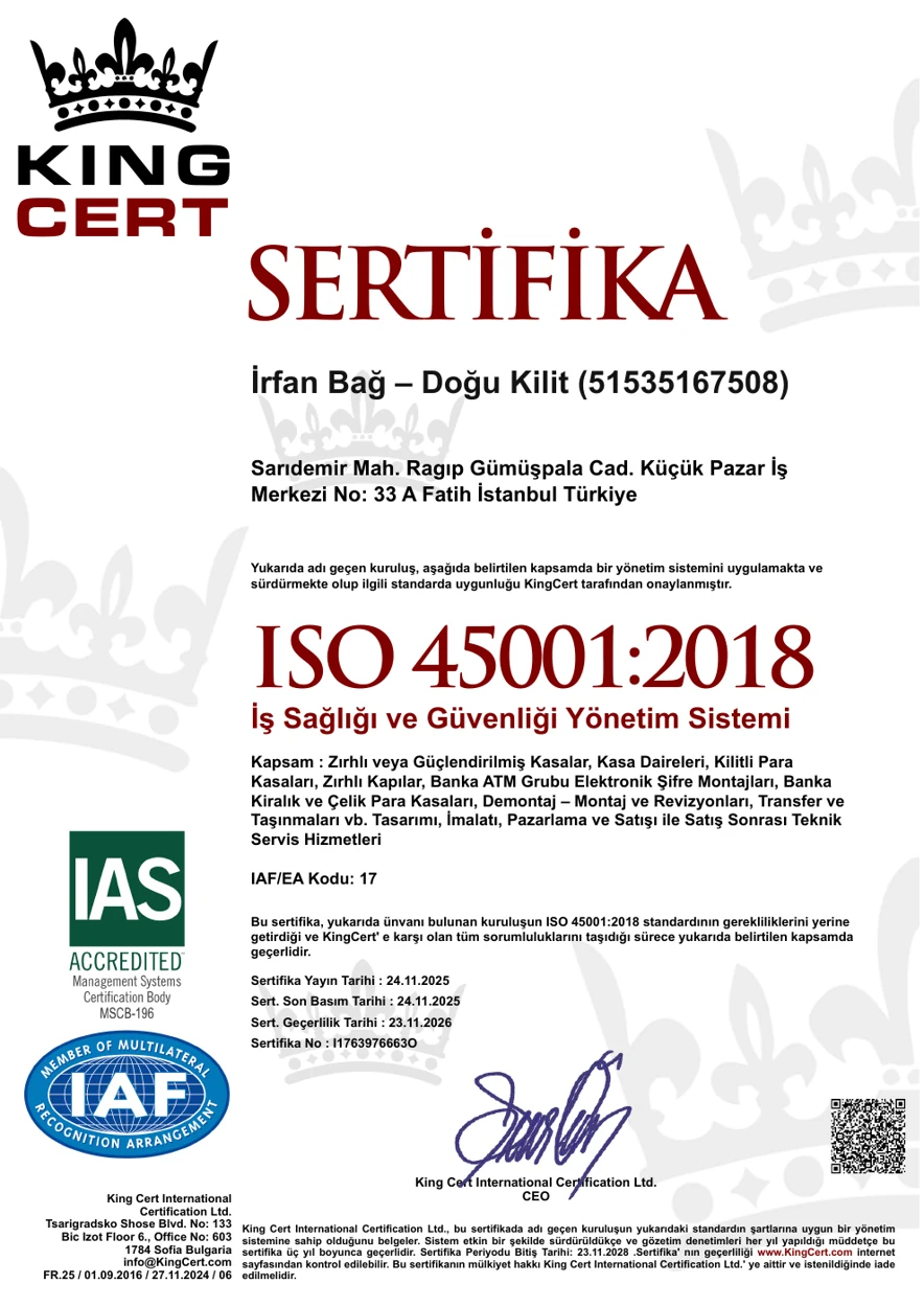 Doğu Kilit ISO 45001:2018 Sertifika Önizlemesi